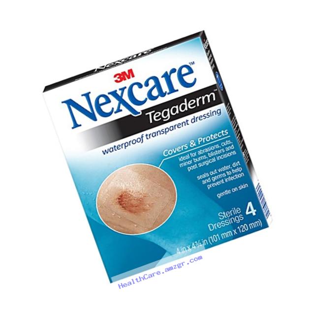 Nexcare Tegaderm Waterproof Transparent Dressing, Comfortable, Stretchy, Wear Up to 7 Days, 4-Inches X 4-3/4-Inches, 4 Count