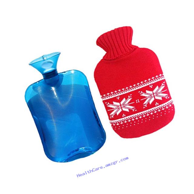 iCorer Premium Classic PVC Transparent Hot Water Bottle with Cute Knit Cover , 2 Liter , Red Snowflake