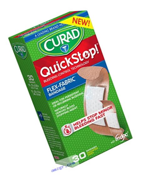 Curad Quickstop Instant Clotting Technology Flex-Fabric Bandages, Assorted Size, 30 Count